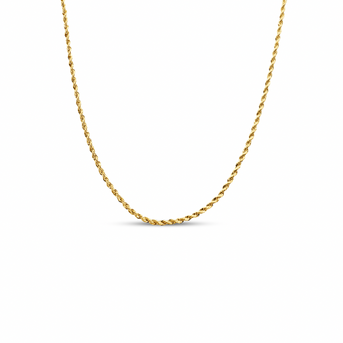 Grayson gold-plated rope chain necklace arranged in a U shape on white, showing its twisted-link texture.