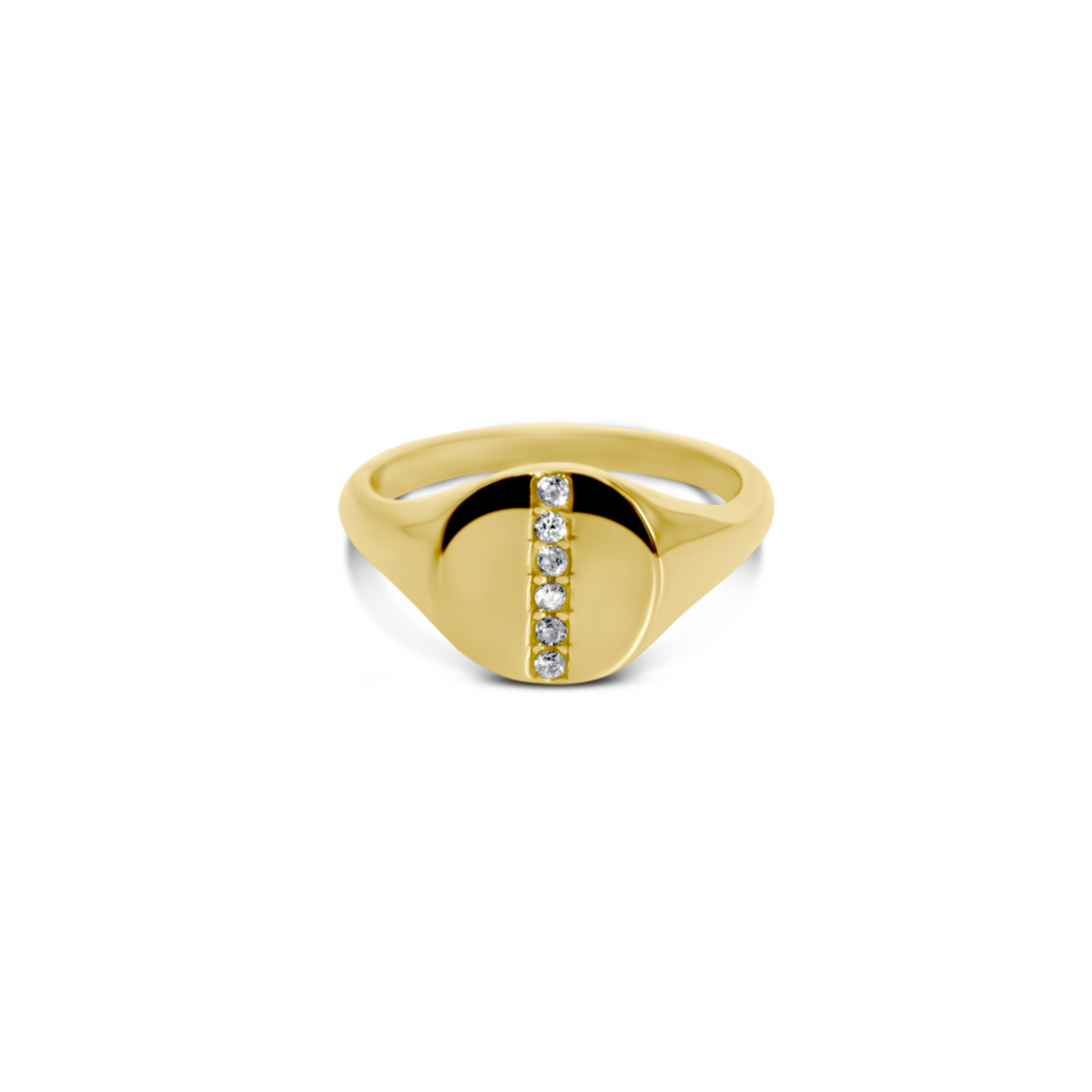 Riley gold-plated signet-style ring with a rounded face and a vertical row of clear cubic zirconia, shown on white.