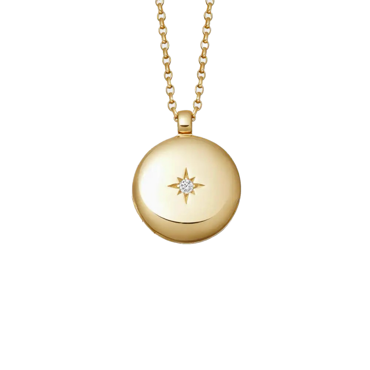 Round gold-plated Star locket with a central star-set clear stone, suspended from a chain against white.
