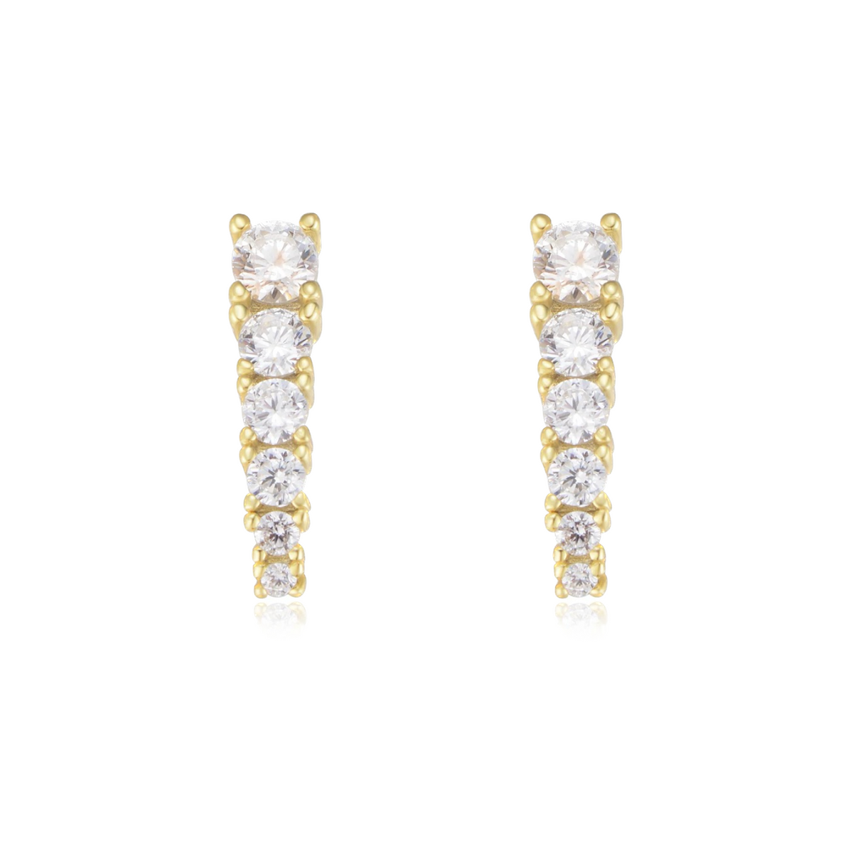 Pair of Saturn Stud earrings with graduated clear stones in gold-tone settings, shown from the front on white.