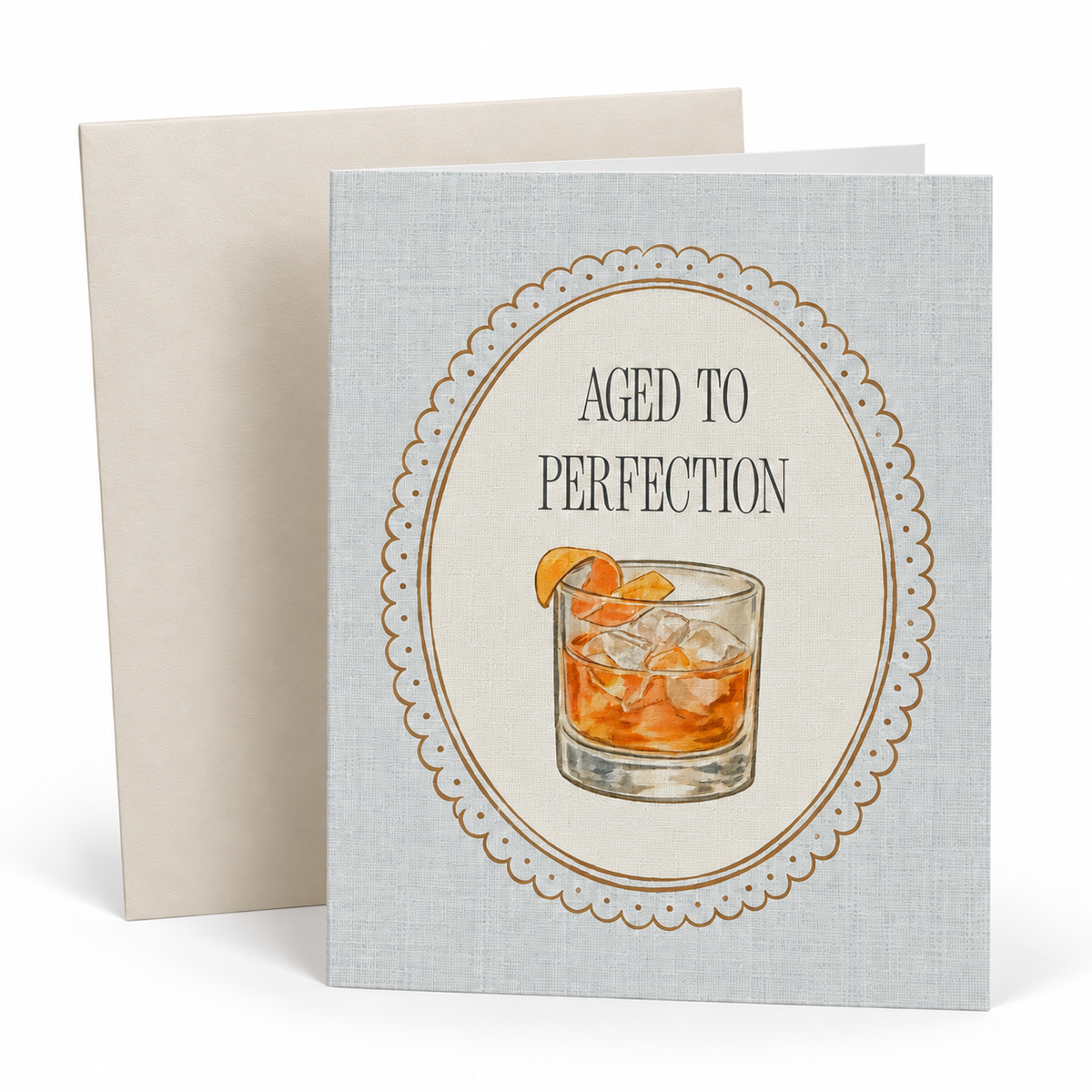 Aged to Perfection greeting card with envelope on white background