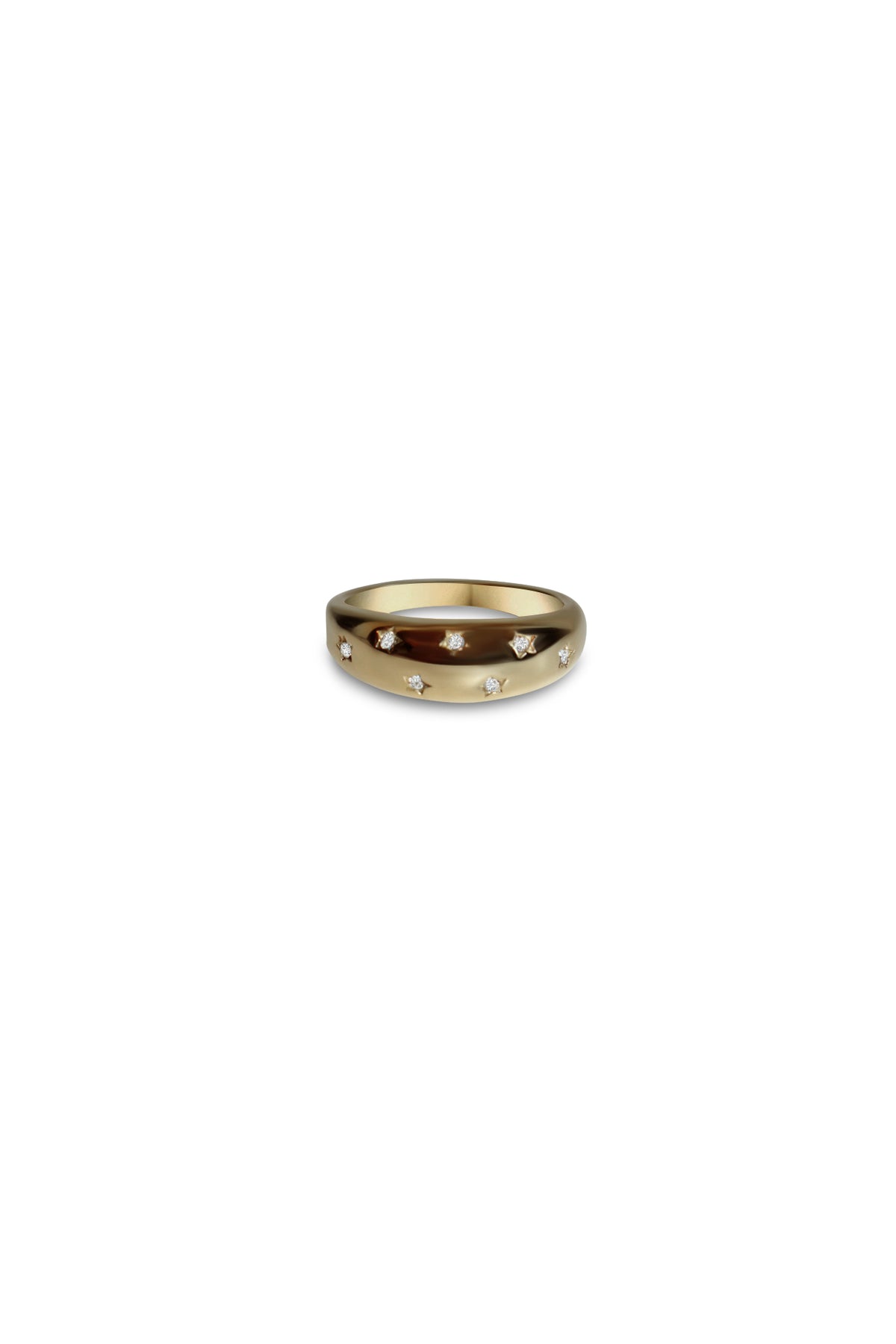 Star Dust gold-plated ring with a wide polished band and scattered clear cubic zirconia, shown on white.