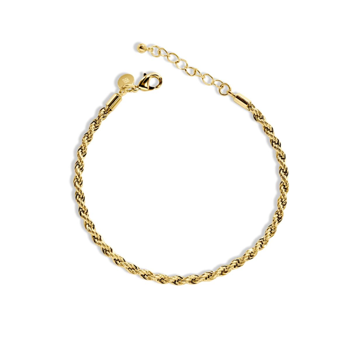 Grayson Rope Bracelet in gold plate, arranged in a circle with its lobster clasp, extension chain and small round tag visible.