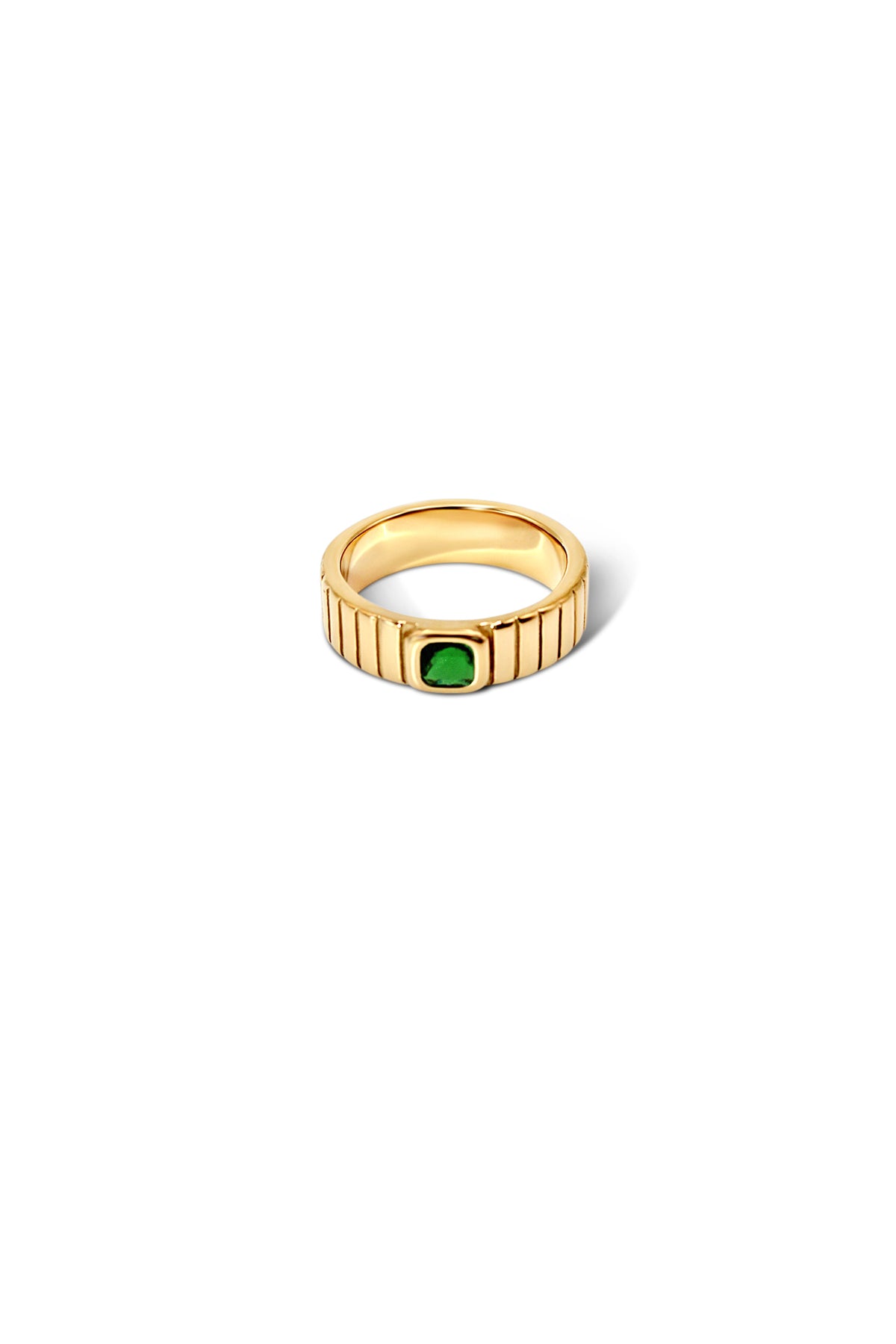 Vanessa gold-plated ring with a ridged wide band and a green cushion-cut cubic zirconia, shown at an angle on white.