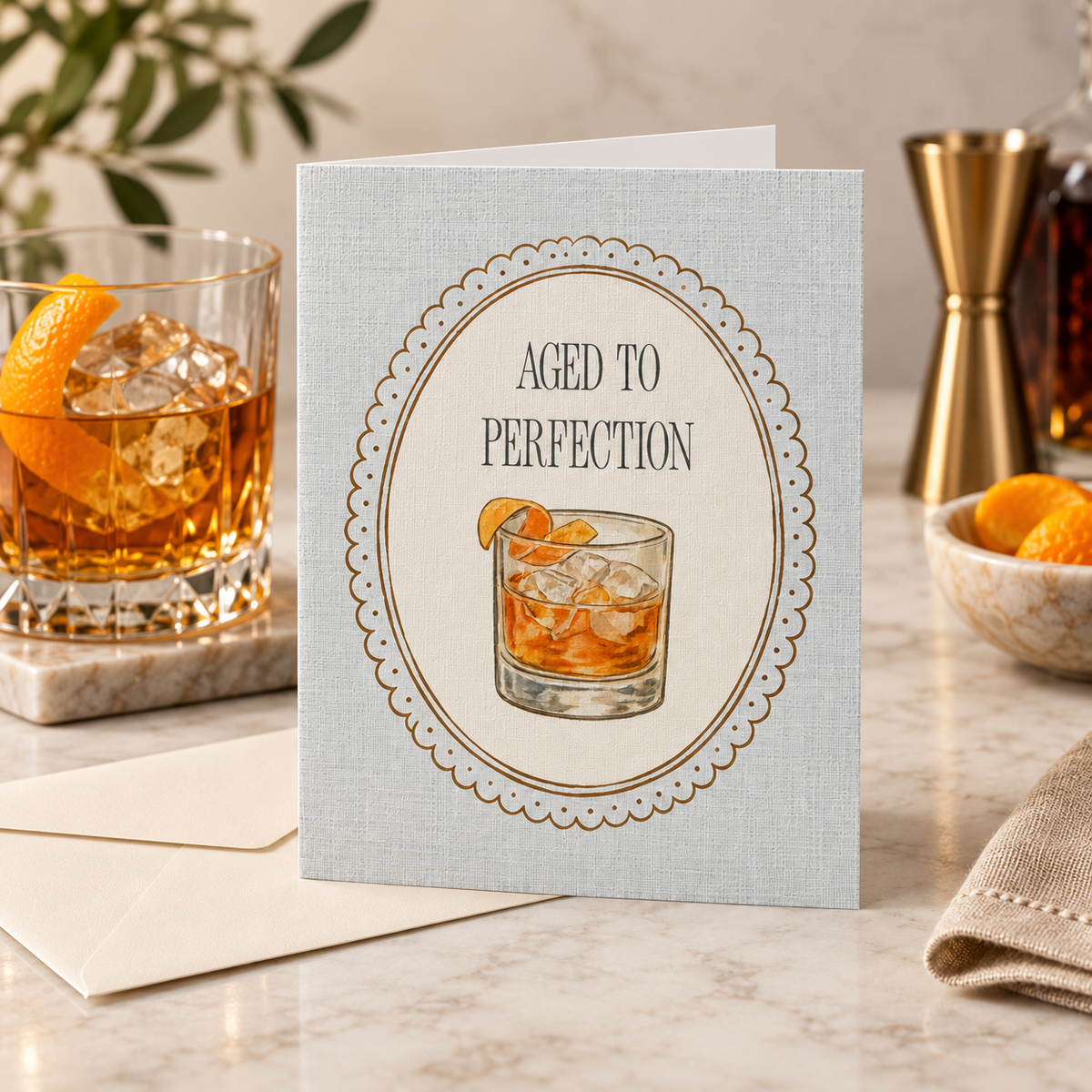 Aged to Perfection whiskey greeting card lifestyle photo