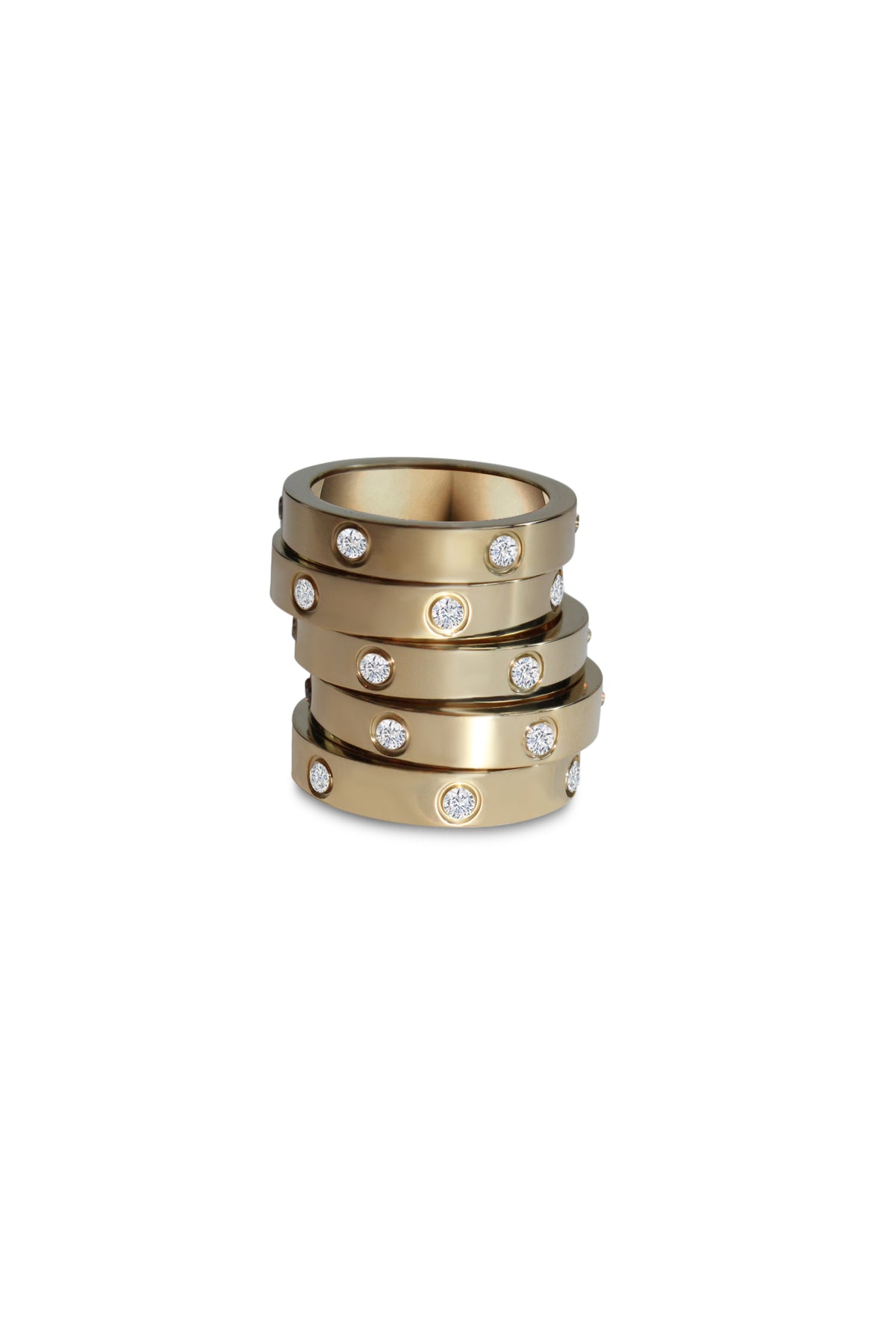 Five Carson rings stacked together, showing polished gold-plated bands with round clear stones.